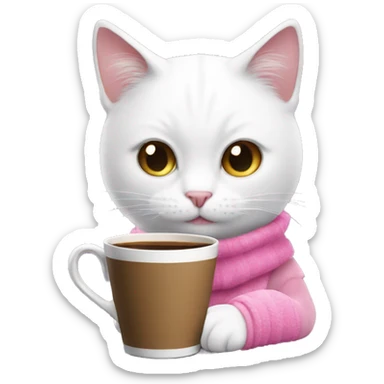 White cat drink coffee with pink stanley sticker