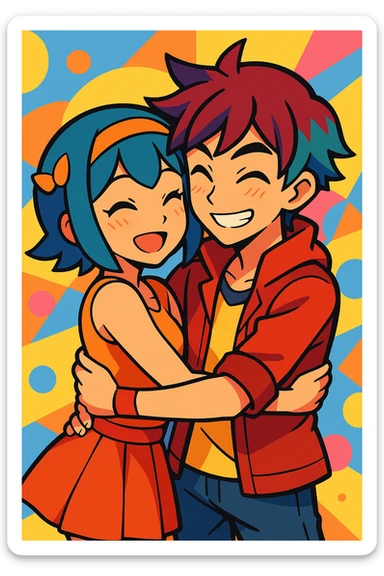 Lana and Kieran as a couple, hugging, in a vibrant anime-inspired style sticker