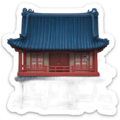 the front facade of a small Chinese-style house with a blue roof and red wooden structures sticker
