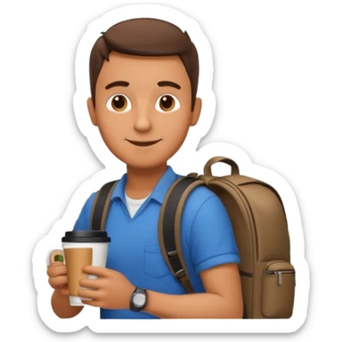 man with cup of coffee and backpack on the back. Eiffel tower on the background sticker