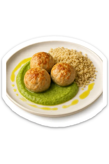 polpette di tacchino, purè di zucchine, quinoa e olio di oliva, iperrealistico 4k sticker