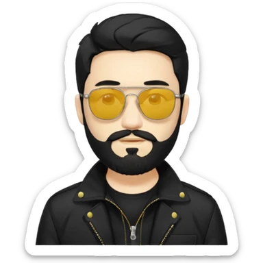 A man White middle long middle part black hair sunglasses with yellowish glasses And black jacket. Hipster black beard sticker