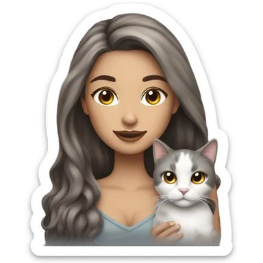 Beautiful brown haired tattooed woman holding gray and white long hair cat sticker