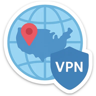 VPN globe icon with a shield, flat design, location pin on the USA, blue tones sticker
