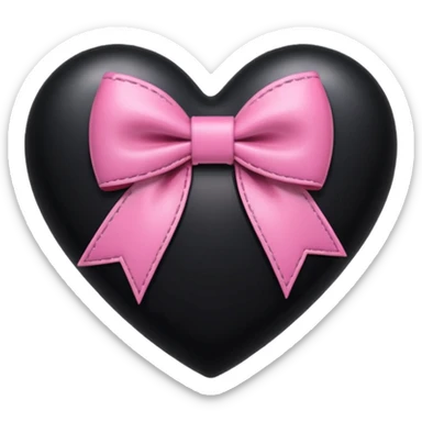 glossy stitched black heart with a pink bow and heart pattern on the bow sticker