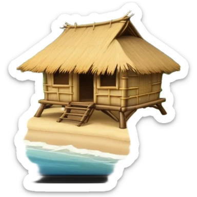 bamboo hut with volcano in the back in Volcano Island  sticker