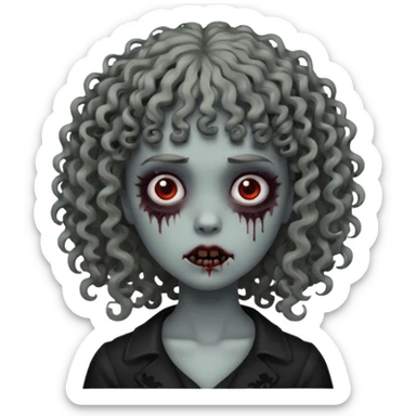 Faça um emoji de zumbi mulher, cabelo cacheado e franja cacheada, deixe ele com a estética meio gothic sticker