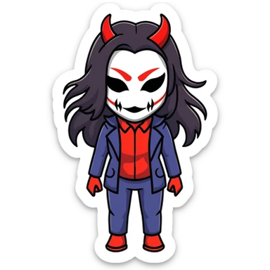sinister female figure with demon mask and long dark hair sticker
