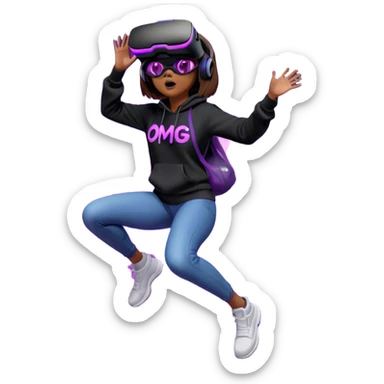 brown haired girl with a bob girl wearing black hoody with violet letters "OMG", in vr headset oculus quest2. jumping. Cyberpunk style. Violet neon. sticker