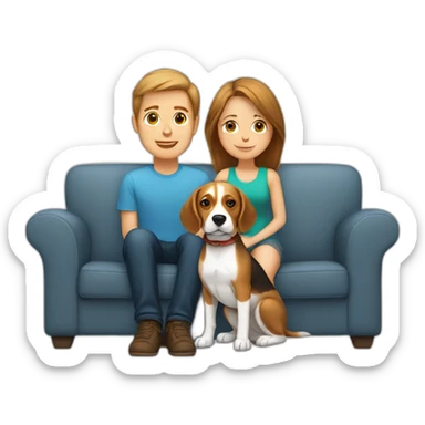 Brown hair White boy and girl with beagle Sit on couch sticker