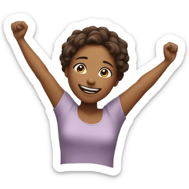 Happy girl wakes up in bed and stretches hands up in the air  sticker