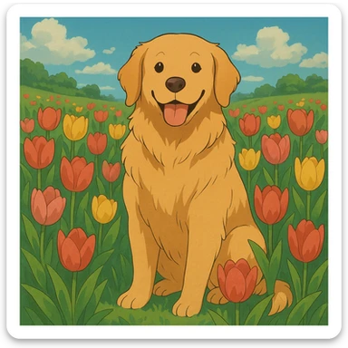 golden retriever surrounded by tulips in ghibli style sticker