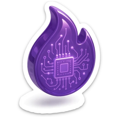 stylized purple flame, glowing, glossy circuit board details sticker