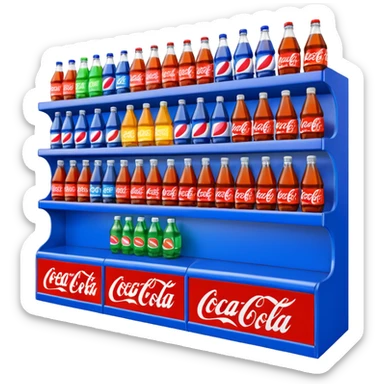 3D warehouse shelf with Coca-Cola, Pepsi, Fanta bottles and sticker