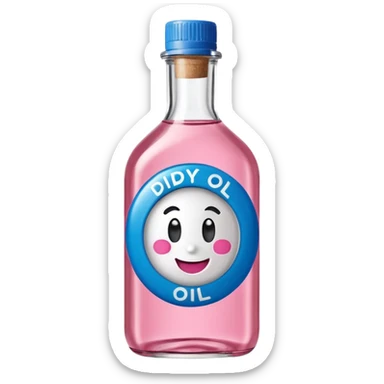 Smiling bottle of oil blue top pink outside with logo that says diddy oil sticker