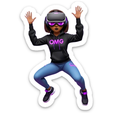 brown haired girl with a bob girl wearing black hoody with violet letters "OMG", in vr headset oculus quest2. jumping. Cyberpunk style. Violet neon. sticker