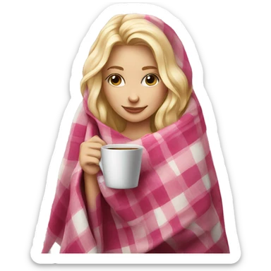 cute blonde girl wrapped in pink plaid blanket drinking coffee sticker