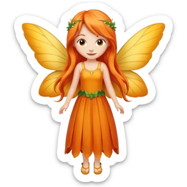 fairy with long orange hair, yellow wings, red dress, happy, chibi full body sticker