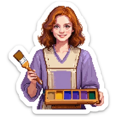 Serene female oil painter, Caucasian features, shoulder-length auburn hair, soft brown eyes, gentle smile, wearing a violet painter’s smock lightly stained with paint over a beige blouse, holding a wooden palette with vibrant colors in one hand and a brush in the other, waist-up, front-facing sticker