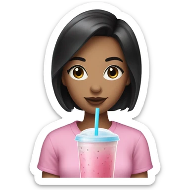 23 years old woman with Black short hair an blue eyes holding a pink bubble tea sticker
