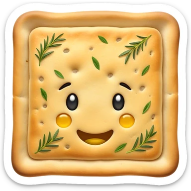Focaccia Cinematic Realistic Focaccia Bread Dish Emoji, depicted as a golden, olive-oil brushed flatbread sprinkled with herbs, rendered with lifelike textures and warm, inviting lighting. sticker