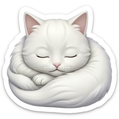 Meme-Worthy Cute Sleeping White Cat Portrait Emoji, Head peacefully tilted with a tender, contented smile and eyes gently closed in serene slumber, featuring a pristine white fur with subtle, delicate silver accents, simplified yet irresistibly adorable, highly detailed, glowing with a soft, drowsy radiance, high shine, exuding calm, heartwarming charm, styled with a gentle, soft glowing outline, capturing the essence of a sleeping white cat that seems destined to become the next viral icon of adorable repose! sticker