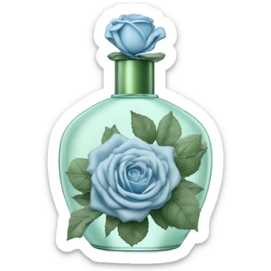 Aesthetic composition of soft blue roses with a vintage-style green  perfume bottle.
 sticker