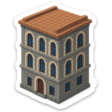 old Saint Petersburg building in voxel style, muted gray and brown colors, tall arched windows, isometric view sticker