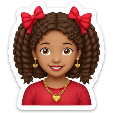 Brownskin girl dark brown hair fluffy. pigtails with red bows brown eyes smiling closed mouth red shirt gold esrrings gold necklace sticker