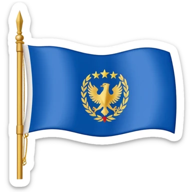 Hazme la bandera blanca con una franja azul de punta izquierda arriba a punta derecha abajo con un escudo en medio de la bandera de colores dorados sticker