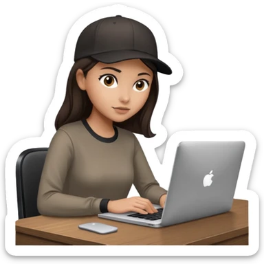 A professional 3D avatar of a young woman with olive skin and long, dark brown hair, wearing a dark, long-sleeved classy taupe shirt and a black baseball cap. She's sitting at a sleek wooden desk, typing and looking at a silver MacBook.  sticker