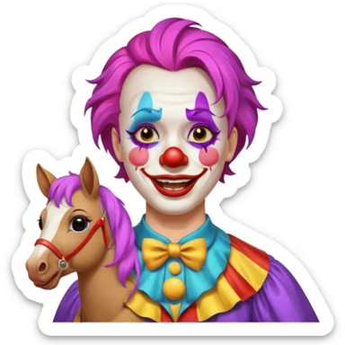a crying but smiling and showing a peace sign clown face riding a horse sticker