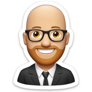 bald man, blue eyes, smiling with red patchy beard, wearing black framed glasses, wearing big black headphones sticker