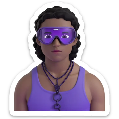 shirtless male athlete with white skin and moderately curly black hair on top with shaved sides, wearing ski goggles with purple frames/outline and very dark heavily tinted black lenses that completely hide the eyes, and a simple plain black chain necklace, no earrings sticker