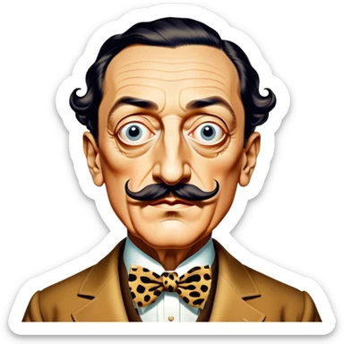 Cinematic Realistic portrait of Salvador Dalí, depicted as a surrealist artist with eccentric, expressive features and his iconic mustache, rendered with vibrant, imaginative lighting and richly detailed period attire that capture his avant-garde essence. sticker