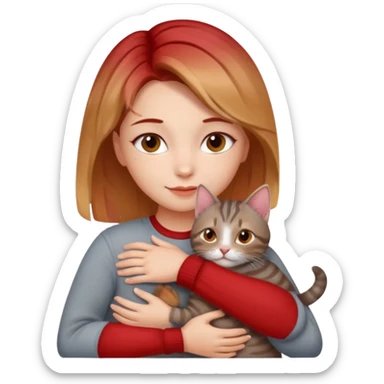 Une femme avec les cheveux dégradée, châtain et blond, qui fait un câlin à son chat gris, tigré avec des reflets roux sticker