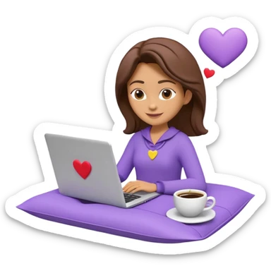 3D clay character relaxed with laptop and coffee, floating icons (envelope, heart, dollar), purple (#8B5CF6) outfit, bright yellow (#FBBF24) icons, white laptop, Pixar style, transparent background sticker
