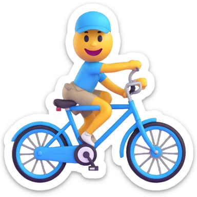 3D smiley emoji, round shape, student arriving by bicycle, blue color, sporty face sticker