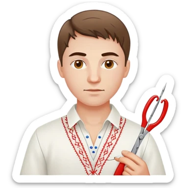 Ukrainian young man in a white embroidered traditional shirt holding a red thread with a needle and pliers sticker