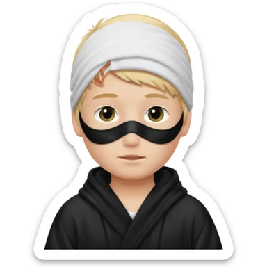 Create a blond boy with long, messy hair, light eyes, a white t-shirt, rich, with long hair, blue eyes, medium-length, voluminous hair, wearing a black Nike bathrobe and a little blush near his nose. and with a balaclava like a ninja sticker