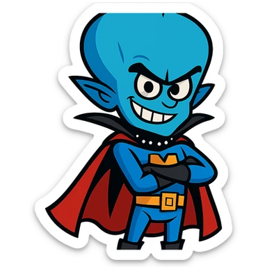 cartoonish blue alien genius with a mischievous grin, large head, superhero outfit sticker