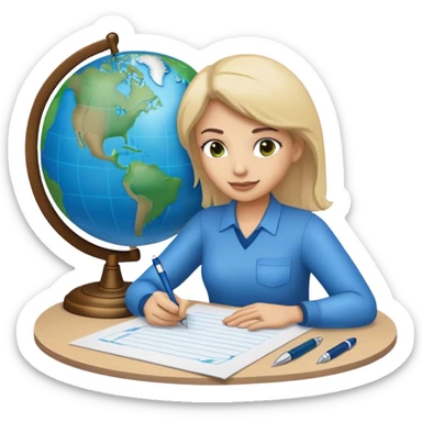 Create an emoji representing language translation. The design should feature just one globe in the background, symbolizing international communication. In front of the globe, place two books or sheets of paper with texs on them and a pen nearby to indicate the act of writing. Use a clean and professional color palette with blues, greens, and neutral tones. Make the background transparent. sticker