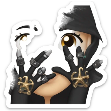 hand wearing a black glove with a claw-like manicure or adorned with rings with magical symbols. sticker