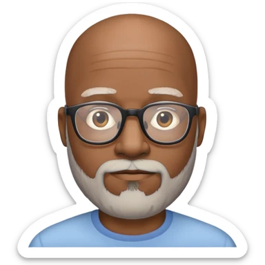 Bald black man wearing glasses with a beard age 50 sticker