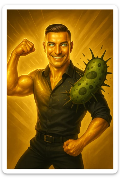 Un uomo atletico (30-40 anni) dalla pelle perfettamente liscia, senza cicatrici o imperfezioni, che emana un leggero bagliore dorato (metafora degli anticorpi).
Occhi brillanti con riflessi blu-verdi (simbolo di salute estrema).
Postura eroica, con un braccio sollevato in un gesto di forza, mentre con l'altro tiene un batterio gigante schiacciato come se fosse un mostro sconfitto. sticker