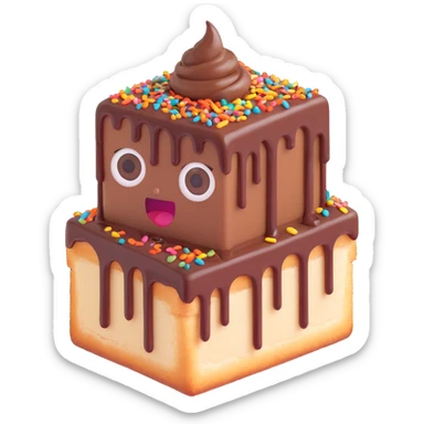 Rectangular chocolate mini pastry, messy chocolate dripping, sprinkles flying, surprised eyes, open mouth, text above: "ПАСТИЧКА", chibi style, Twitch emoji style, transparent background, colorful
 sticker
