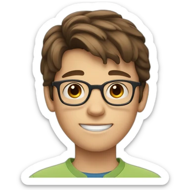 11 year old boy with brown hair and blue eyes with glasses as a fortnight charater sticker
