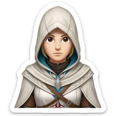 icon featuring Assasin's Creed in an iconic assassin's hood, standing tall. Florence is on background. The design captures the essence of adventure, with intricate details of historical architecture and a sense of mystery. The character is poised, ready for action. transparent background. sticker