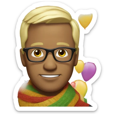 celebrate white man with squared glasses blond hair, no beard, wearing a scarf and balloons in the background sticker