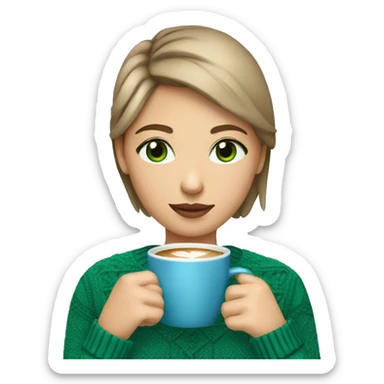 Light brown short haired girl with green eyes drinking coffee wearing blue Christmas sweater sticker